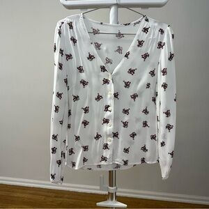 Mango White Blouse with Red Floral Pattern